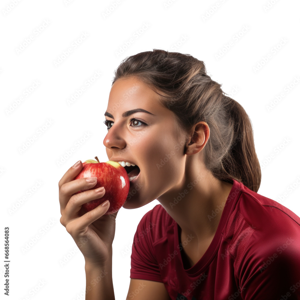 Young athletic girl eating an apple isolated Young athletic girl eating an apple isolated