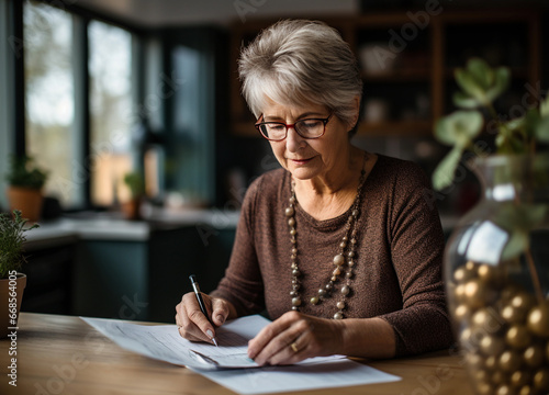 A pensioner senior woman managing account finance, planning pension payment