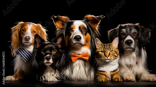 Group of cats and dogs in tie on black background. © leo_nik