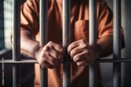 close up depth of field Man in prison his hands holding steel prison cage. criminals are locked in prison photo
