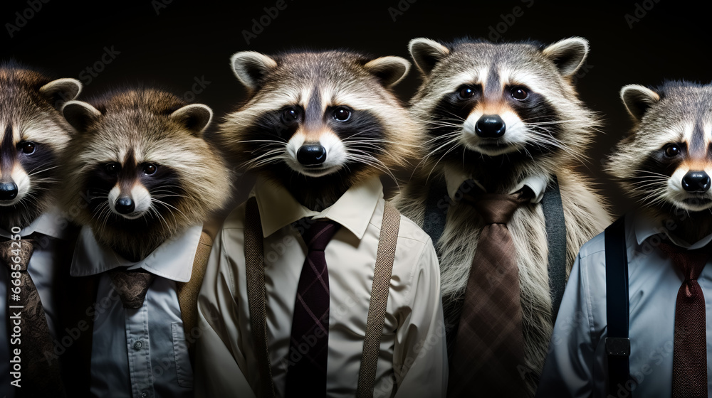 Group of raccoons in tie on black background.