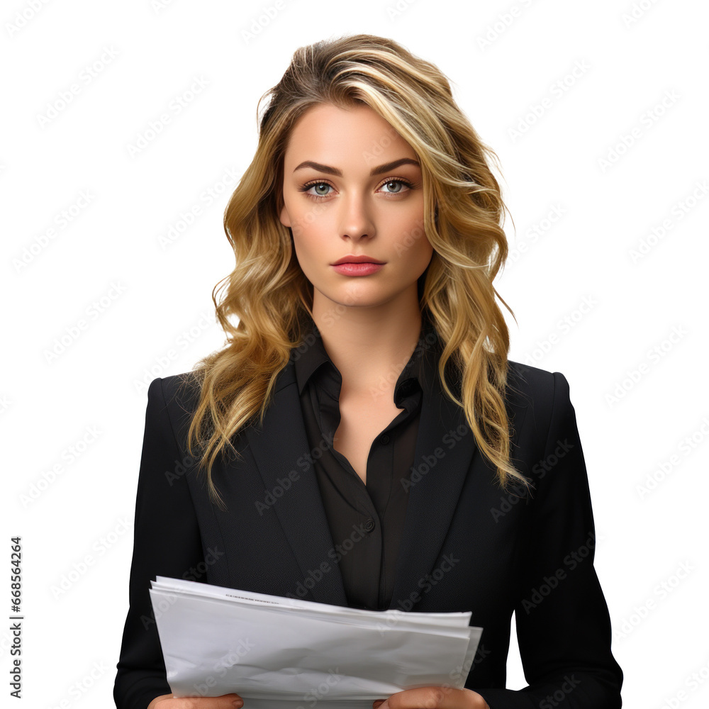 Business woman in jacket with documents in hands isolated. Business woman in jacket with documents in hands isolated.
