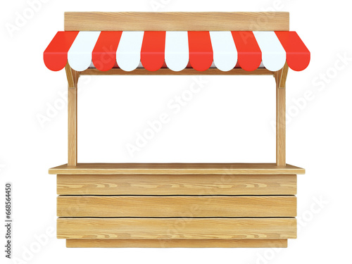 Market stall with striped red and white awning, wooden counter, kiosk, stand, 3d rendering