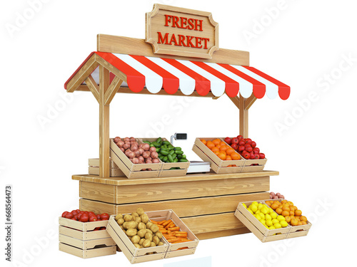 Fototapeta Naklejka Na Ścianę i Meble -  Food market kiosk, farmers shop, farm food stall, fruits and vegetables stand 3d rendering