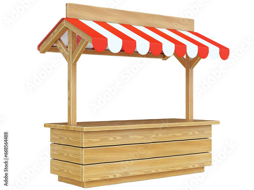 Fotografie Market stall with striped red and white awning, wooden counter, kiosk, stand, 3d