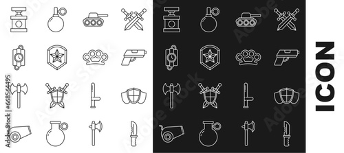 Set line Military knife, Shield, Pistol or gun, tank, Police badge, dynamite stick and timer clock, Handle detonator for and Brass knuckles icon. Vector