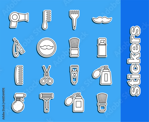 Set line Shaving brush, Aftershave bottle with atomizer, gel foam, Hairbrush, Mustache, Straight razor, dryer and icon. Vector