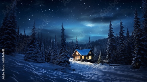 Enchanted Winter Cabin Under Starry Sky
