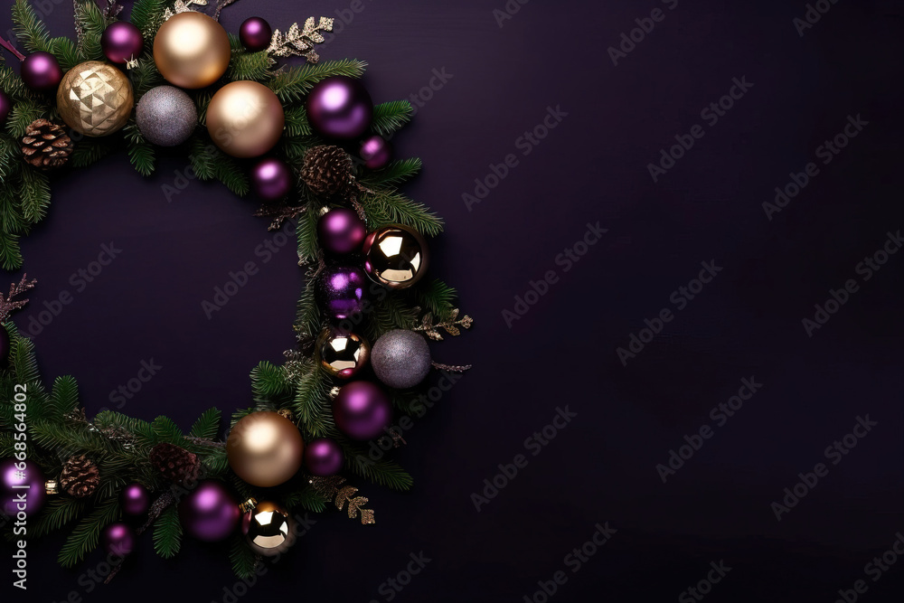 minimalistic purple background with christmas wreath with empty copy space minimalistic purple background with christmas wreath with empty copy space
