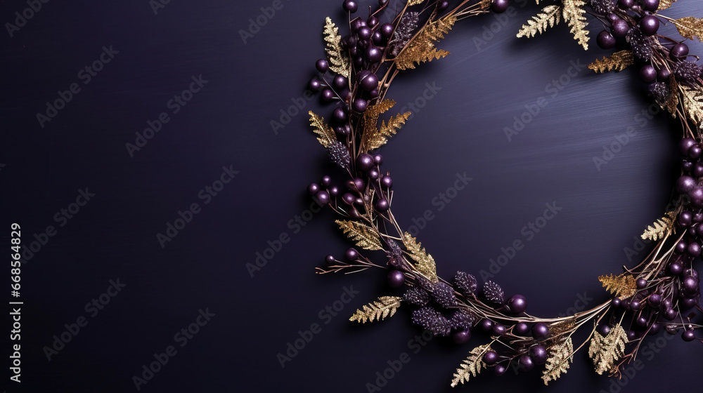 Naklejka premium minimalistic purple background with christmas wreath with empty copy space 