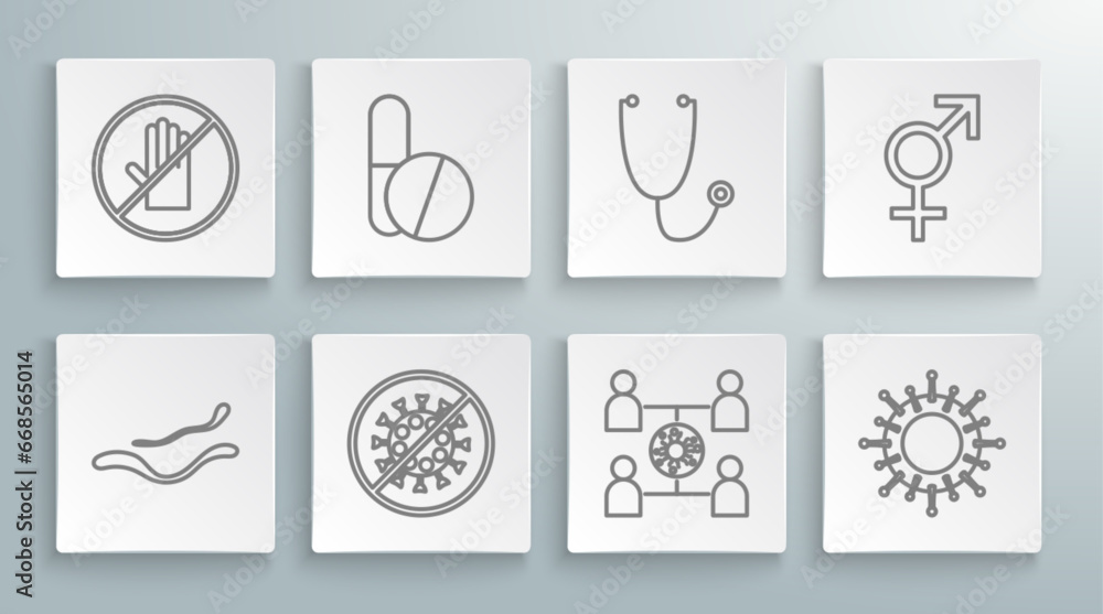 Set line Ebola virus disease, Medicine pill or tablet, Stop, Virus spread, Stethoscope, Gender and No handshake icon. Vector Set line Ebola virus disease, Medicine pill or tablet, Stop, Virus spread, Stethoscope, Gender and No handshake icon. Vector