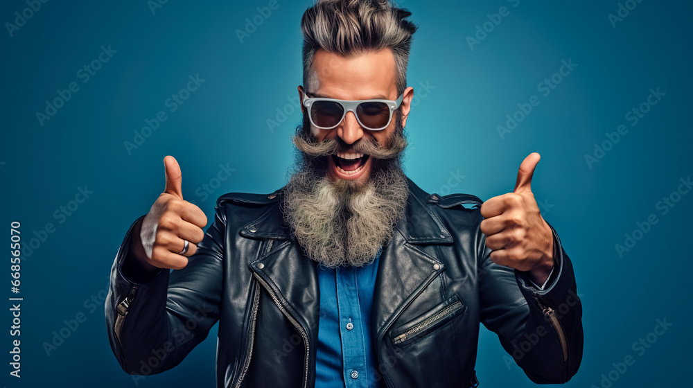 Fototapeta premium Man with beard gives thumbs up while standing against colored background.