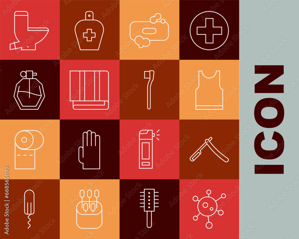 Set line Virus, Straight razor, Sleeveless T-shirt, Bar of soap, Towel stack, Perfume, Toilet bowl and Toothbrush icon. Vector Set line Virus, Straight razor, Sleeveless T-shirt, Bar of soap, Towel stack, Perfume, Toilet bowl and Toothbrush icon. Vector