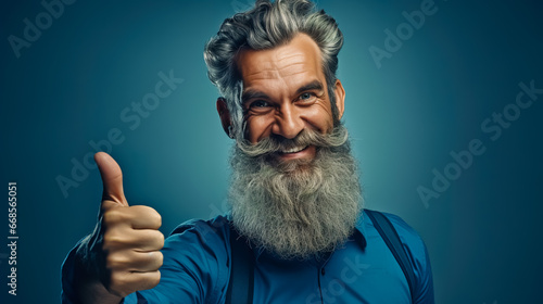Man with beard gives thumbs up while standing against colored background.