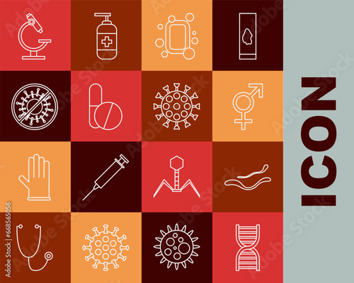 Set line DNA symbol, Ebola virus disease, Gender, Bar of soap, Medicine pill or tablet, Stop, Microscope and Virus icon. Vector
