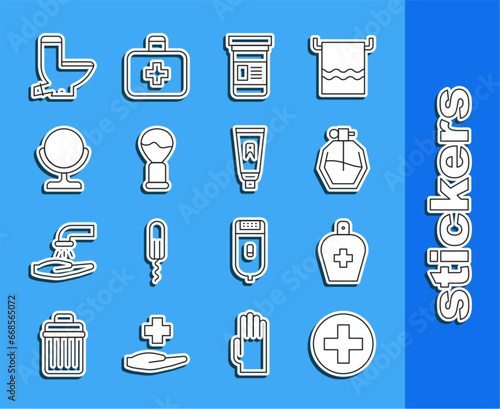 Set line Cross hospital medical, Bottle of liquid antibacterial soap, Perfume, Medicine bottle, Shaving brush, Round makeup mirror, Toilet bowl and Tube toothpaste icon. Vector