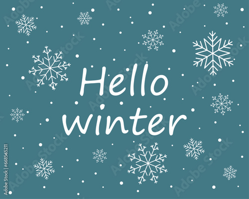 Hello winter, white snowflakes, white text, blue background