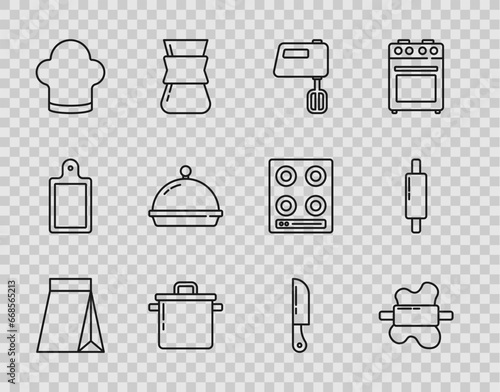 Set line Bag of coffee beans, Rolling pin on dough, Electric mixer, Cooking pot, Chef hat, Covered with tray food, Knife and icon. Vector