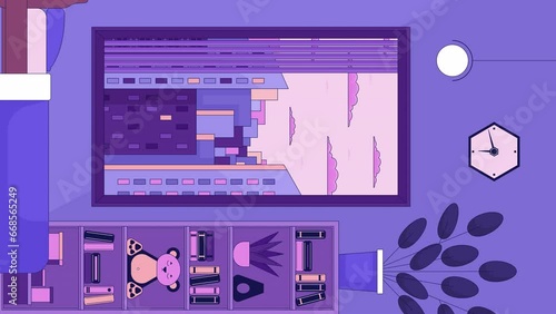 Inverted room cozy interior line cartoon animation. Blinking windows, spinning clock. Late afternoon bedroom turned 90 degrees 4K video motion graphic. Upside down house 2D linear animated scene