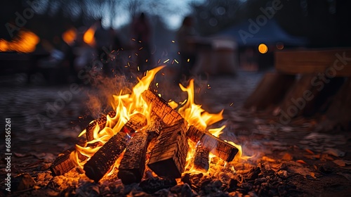 Bonfire in the forest at night. Camping and travel concept