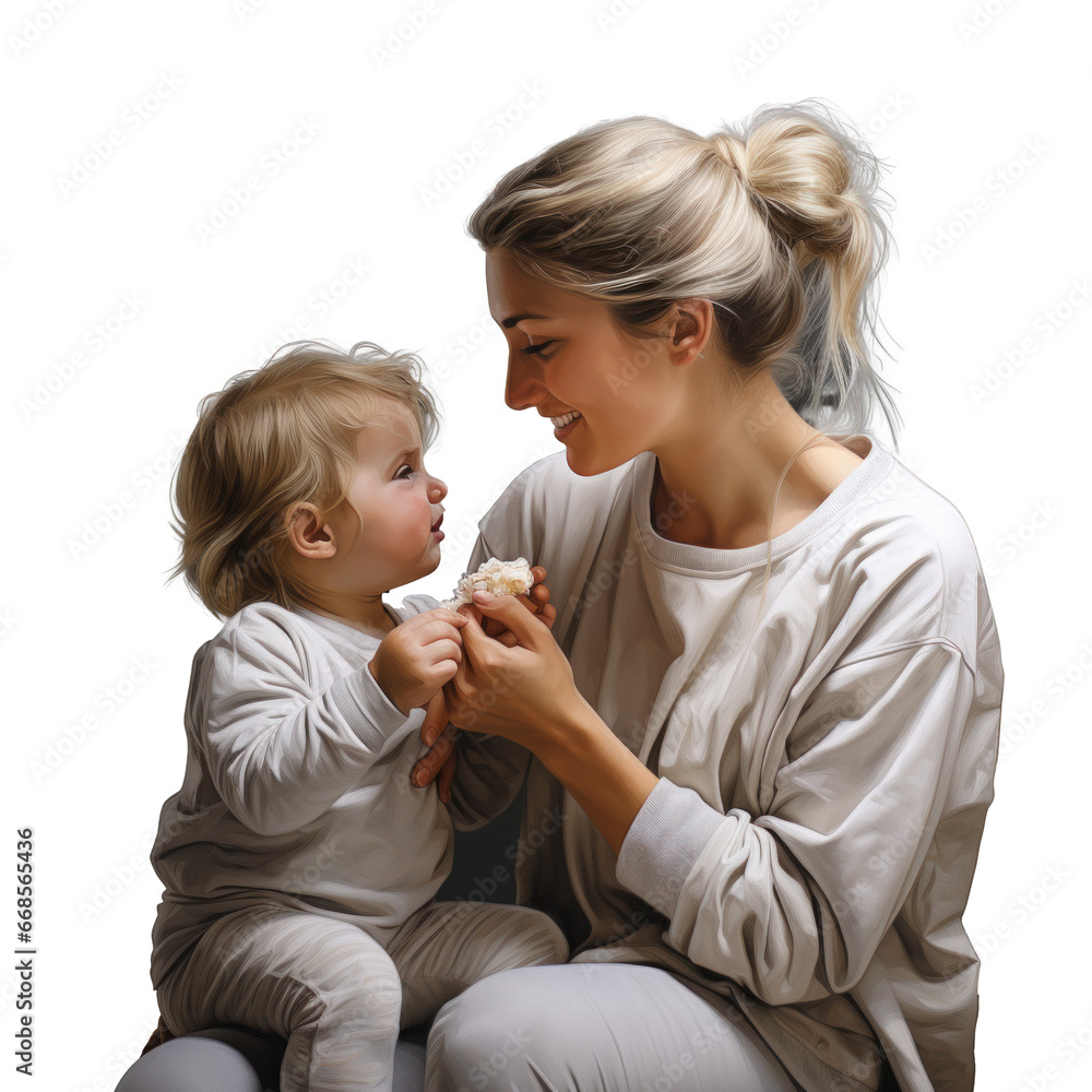 young girl feeding a small baby isolated