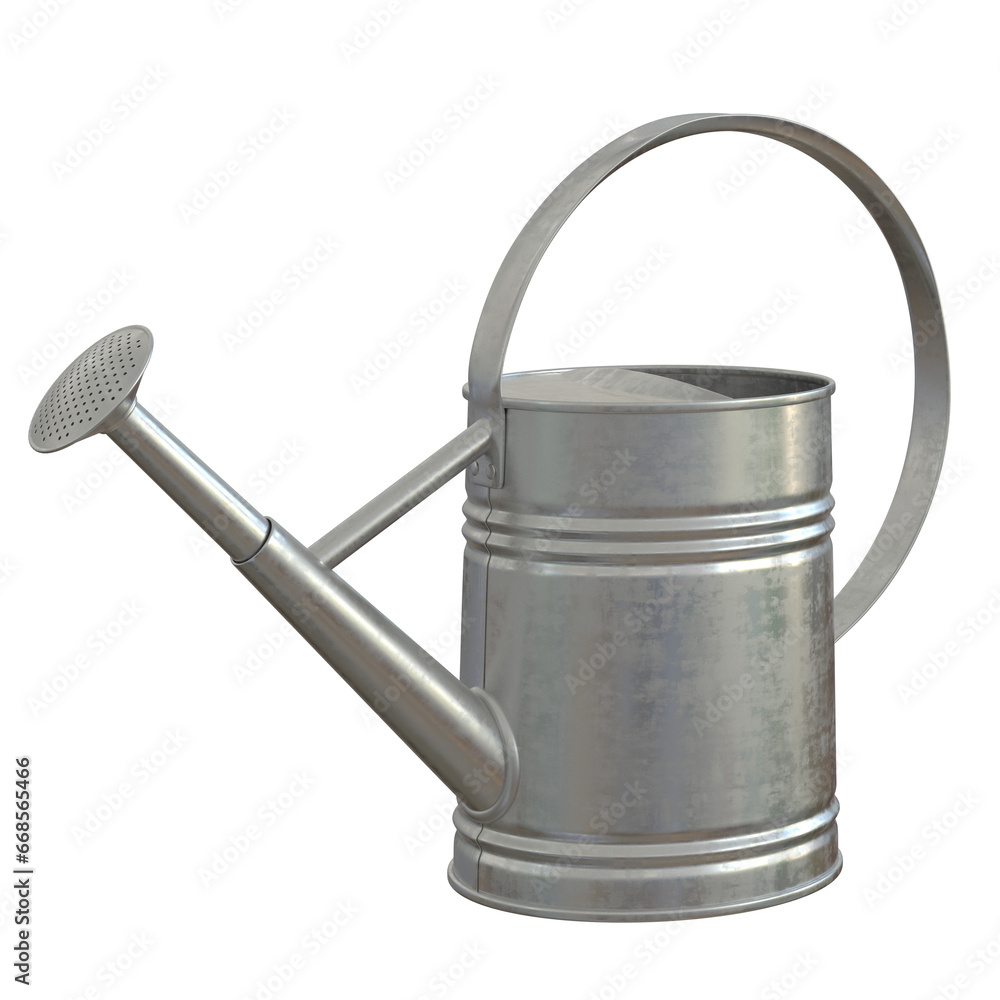 Watering can, shiny aluminum gardening tool isolated on white background 3d rendering Watering can, shiny aluminum gardening tool isolated on white background 3d rendering