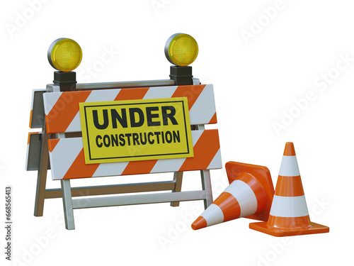 Fototapeta Naklejka Na Ścianę i Meble -  Under construction sign board and traffic cones, 3d rendering