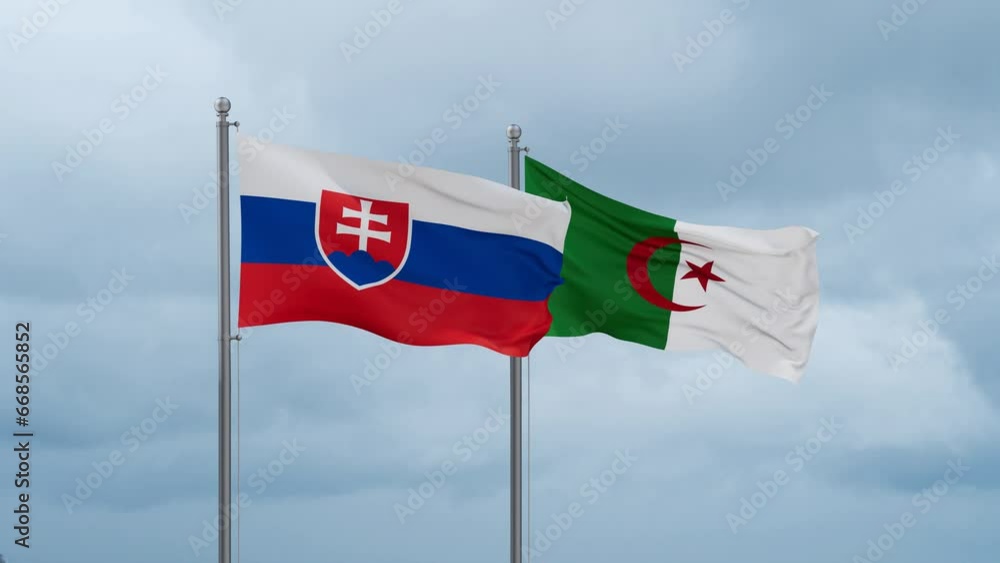 Slovakia flag and Algeria flag waving together on cloudy sky, endless seamless loop Slovakia flag and Algeria flag waving together on cloudy sky, endless seamless loop