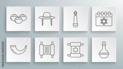 Set line Traditional ram horn, shofar, Orthodox jewish hat, Torah scroll, Jewish wine bottle, Burning candle, calendar and sweet bakery icon. Vector