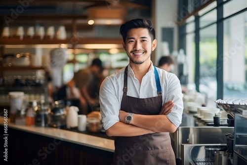Confident asian men cafe owner standing at his coffee roastery