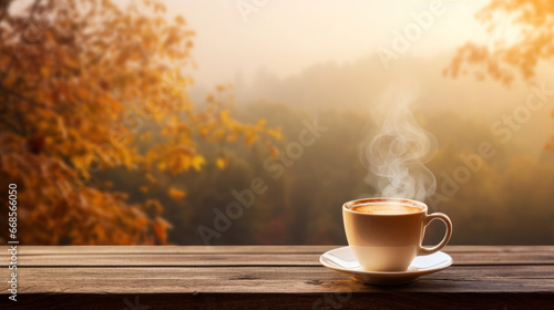 Wooden table top and cup of latte coffee, blurred autumn landscape as background