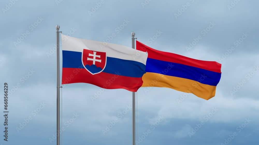 Armenia and Slovakia flag waving together on cloudy sky, endless seamless loop, two country cooperation concept Armenia and Slovakia flag waving together on cloudy sky, endless seamless loop, two country cooperation concept