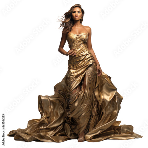 Girl in a beautiful golden long evening dress isolated