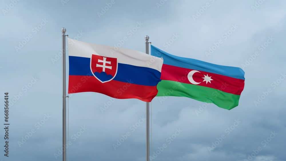Azerbaijan and Slovakia flag waving together on cloudy sky, endless seamless loop, two country cooperation concept Azerbaijan and Slovakia flag waving together on cloudy sky, endless seamless loop, two country cooperation concept