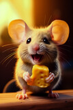 Mouse holding piece of cheese with its mouth open.