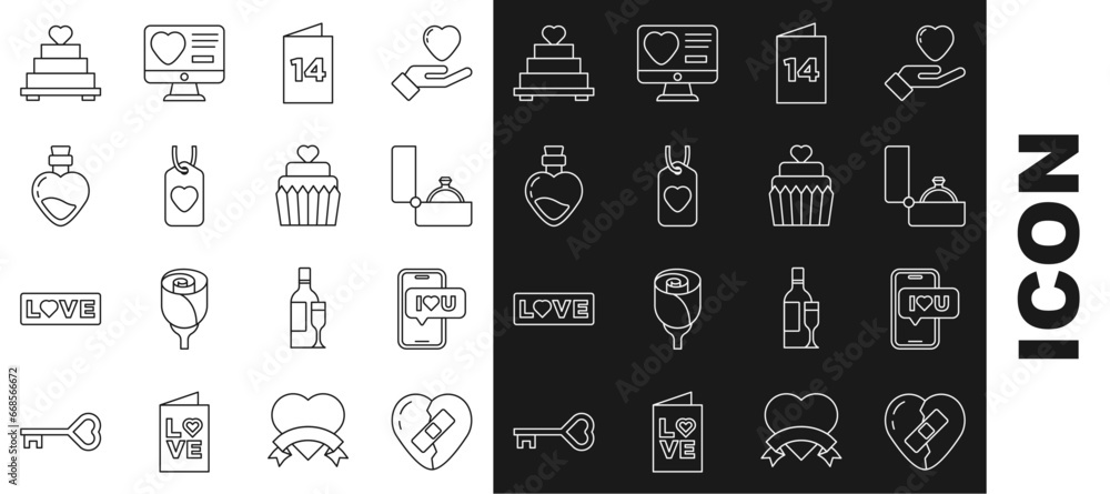 Set line Healed broken heart, Mobile with, Diamond engagement ring, Greeting card, Heart tag, Bottle love potion, Wedding cake and icon. Vector Set line Healed broken heart, Mobile with, Diamond engagement ring, Greeting card, Heart tag, Bottle love potion, Wedding cake and icon. Vector