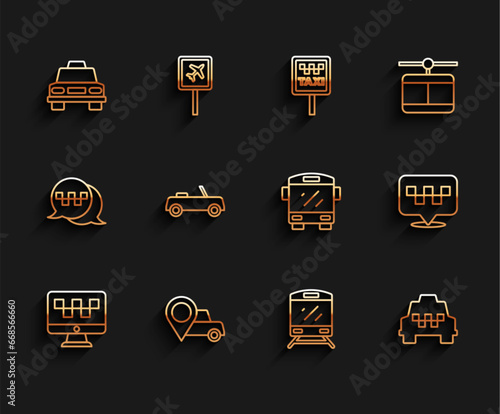 Set line Computer call taxi service, Location with, Taxi car, Train, Car, and Bus icon. Vector