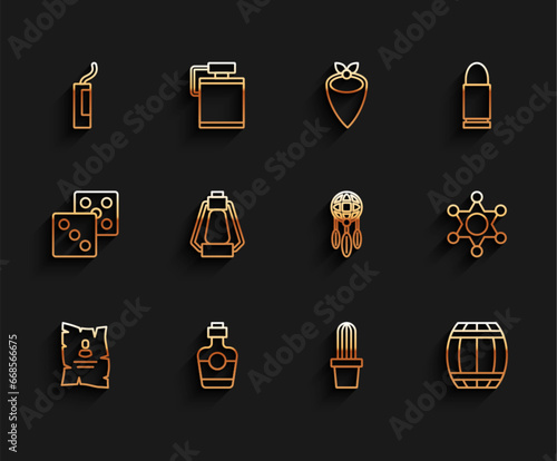 Set line Wanted western poster, Tequila bottle, Dynamite bomb, Cactus peyote in pot, Gun powder barrel, Camping lantern, Hexagram sheriff and Dream catcher with feathers icon. Vector