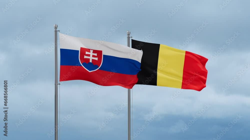 Belgium flag and Slovakia flag waving together on cloudy sky, endless seamless loop, two country relations concept Belgium flag and Slovakia flag waving together on cloudy sky, endless seamless loop, two country relations concept