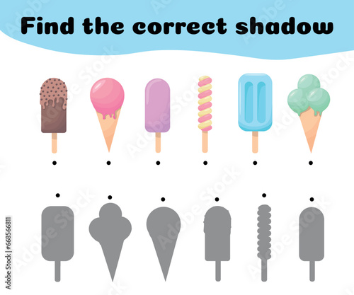 Find the correct shadows of ice cream. Children's educational game. The ice cream was given a game to find the right shade. Vector illustration
