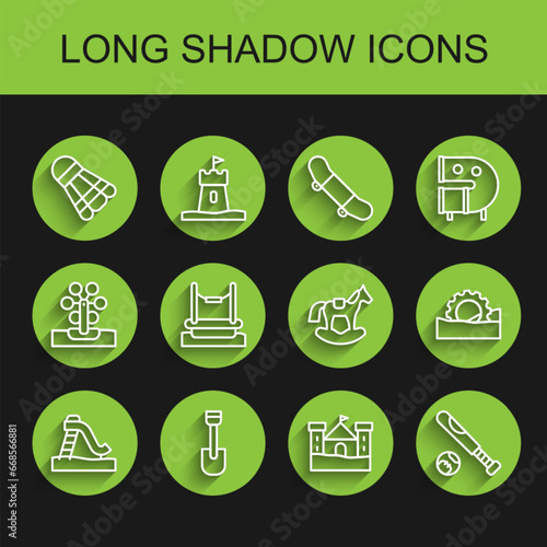 Set line Kid slide, Shovel toy, Badminton shuttlecock, Sand castle, Baseball bat with ball, Bungee, Ferris wheel and Horse saddle swing icon. Vector
