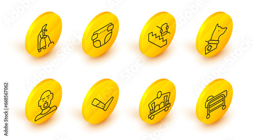 Set line Stretcher, Man without legs sitting wheelchair, Prosthesis, Head of deaf and dumb, Guide dog, Disabled elevator, Adult diaper and Grandmother icon. Vector