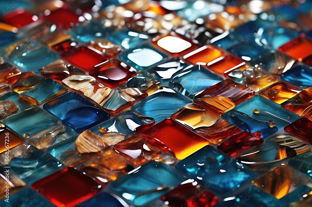 Glass mosaic. Composition of multicolored shapes and fragments on the subject of art