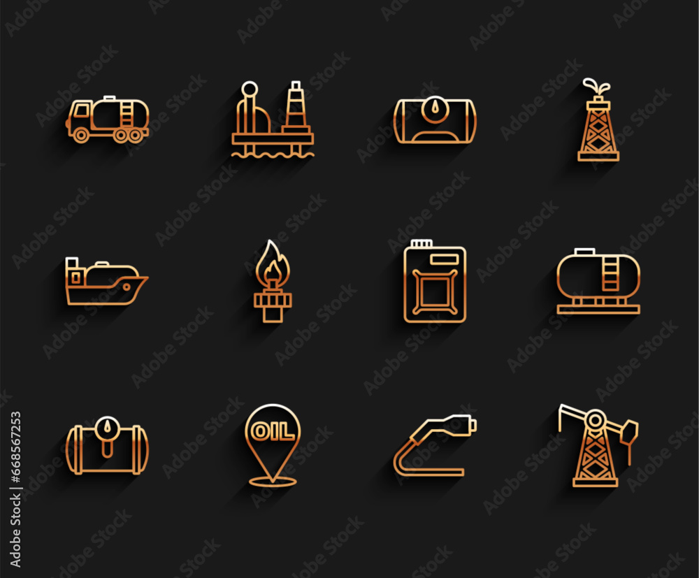 Set line Gas tank for vehicle, Refill petrol fuel location, Tanker truck, Electrical cable plug charging, Oil pump pump jack, rig with fire, storage and Canister motor oil icon. Vector Set line Gas tank for vehicle, Refill petrol fuel location, Tanker truck, Electrical cable plug charging, Oil pump pump jack, rig with fire, storage and Canister motor oil icon. Vector