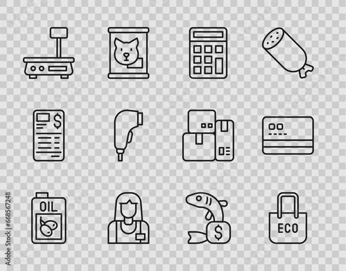 Set line Bottle of olive oil, Shopping bag with recycle, Calculator, Seller, Electronic scales, Scanner scanning bar code, Price tag for fish and Credit card icon. Vector