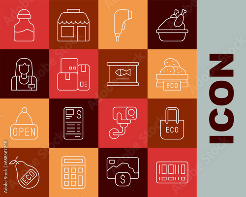 Set line Barcode, Shopping bag with recycle, Wooden box for fruits, Scanner scanning bar, Cash register machine, Seller, Spice and Canned fish icon. Vector