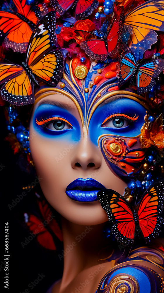 Bright makeup of a young woman in the form of colorful butterflies.