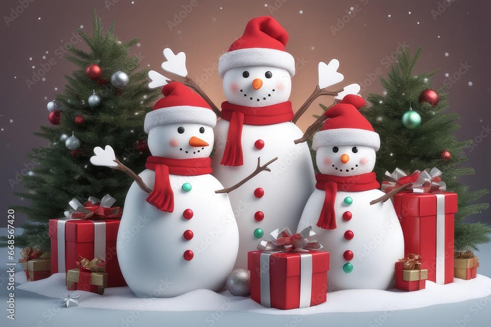 snowman with christmas tree and gifts