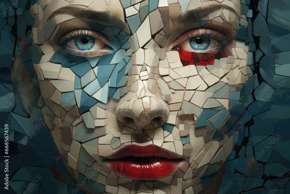 A face fractured into geometric shapes, visualizing fragmented emotions