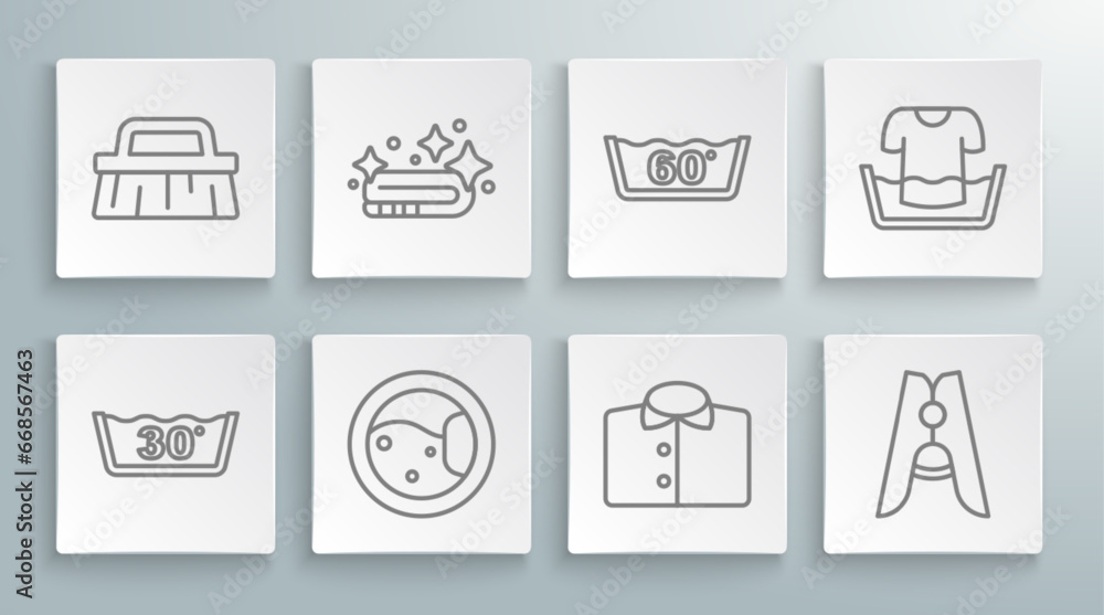 Set line Temperature wash, Towel stack, Washer, T-shirt, Clothes pin, Basin with and Brush for cleaning icon. Vector Set line Temperature wash, Towel stack, Washer, T-shirt, Clothes pin, Basin with and Brush for cleaning icon. Vector